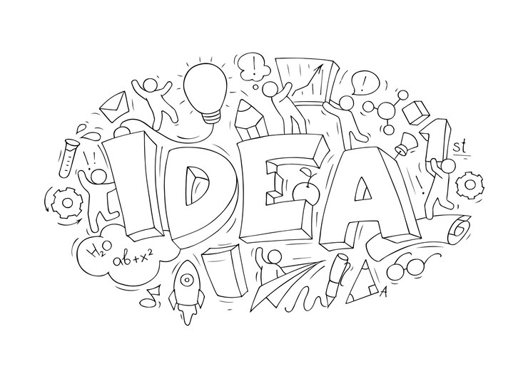 Vetor conceito de desenho animado com a palavra idéia e elementos criativos. o conceito de negócio de fazer a ideia.