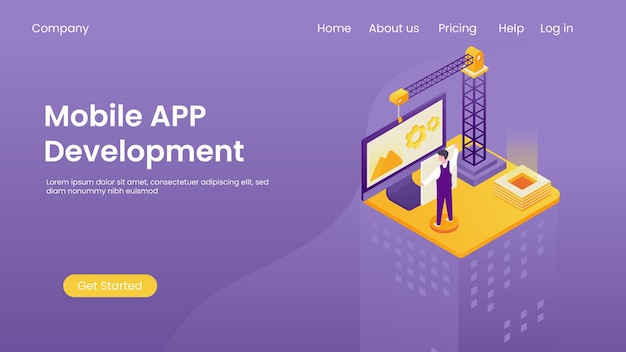 Conceito de desenvolvimento de aplicativo isométrico, programação de software de banner
