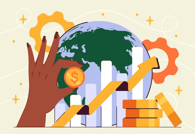 Vetor conceito de desenvolvimento econômico mão com moedas de ouro perto de planetas gráficos e diagramas negócios globais