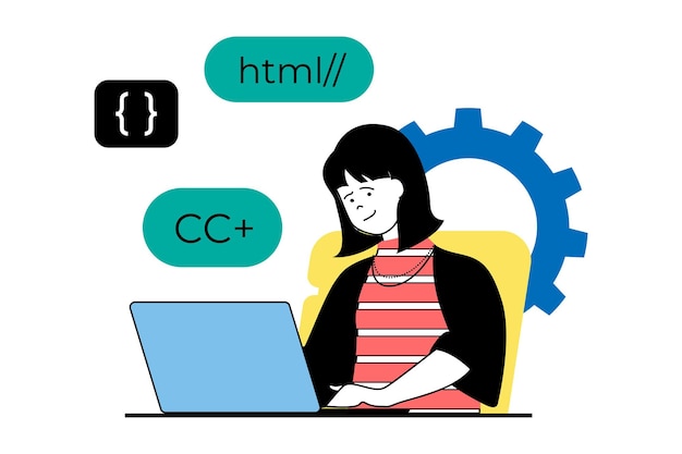 Conceito de desenvolvimento web com cena de pessoas em design plano Mulher trabalhando em codificação de laptop e engenharia fazendo configurações de aplicativos Ilustração vetorial para material de marketing de banner de mídia social