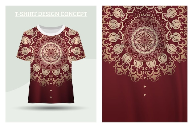 Vetor conceito de design de camiseta vermelha com um motivo de mandala no peito