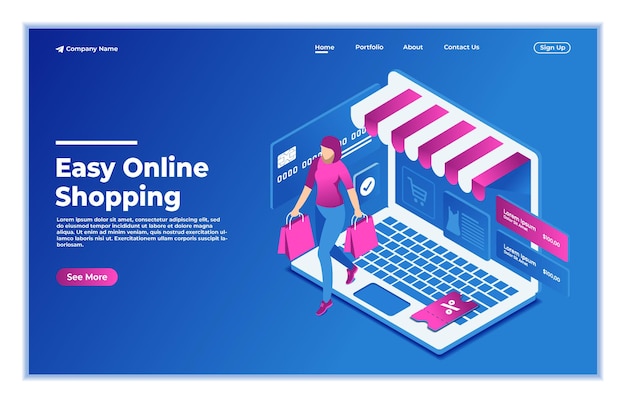 Conceito de design de compras online com mulheres e laptop ilustração vetorial isométrica página inicial