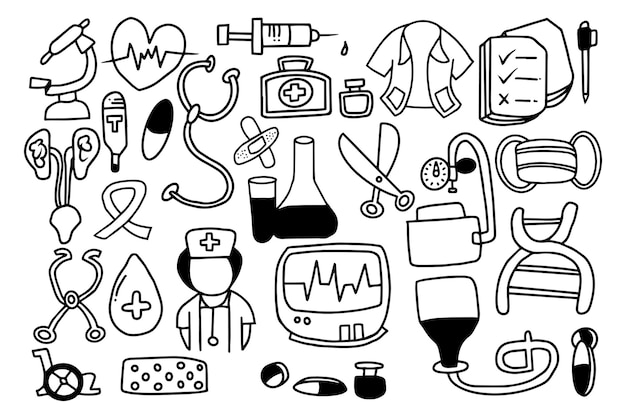 Conceito de design de estilo doodle de equipamentos médicos hospitalares