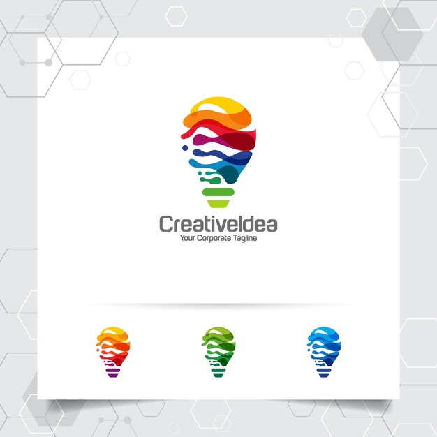 Vetor conceito de design de ideia de logotipo de bulbo de símbolo colorido digital e vetor de lâmpada de ícone logotipo de ideia inteligente usado para estúdio profissional e agência