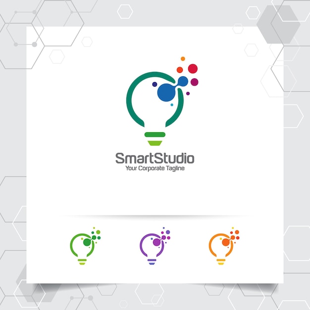 Vetor conceito de design de ideia de logotipo de bulbo de símbolo colorido digital e vetor de lâmpada de ícone logotipo de ideia inteligente usado para estúdio profissional e agência