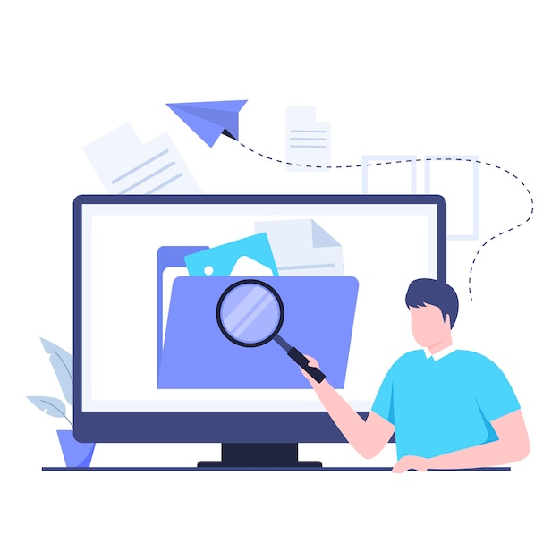 Conceito de design de ilustração de busca de arquivos. Ilustração para sites, páginas de destino, aplicativos móveis, pôsteres e banners
