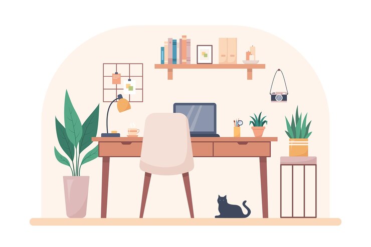 Vetor conceito de design de interiores para casa aconchegante ilustração em vetor interior do local de trabalho em estilo simples