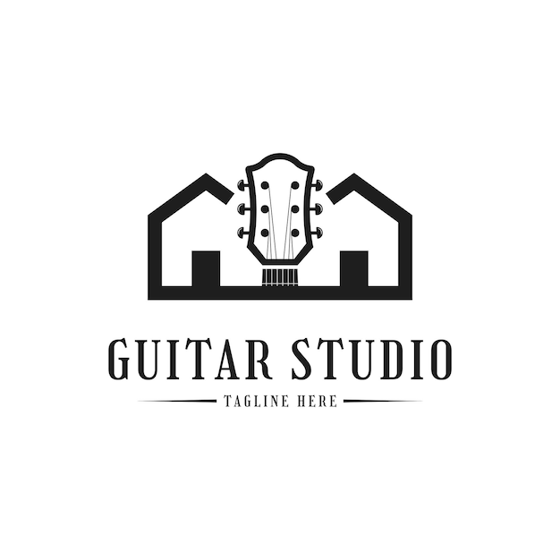 Vetor conceito de design de logotipo da guitar studio house