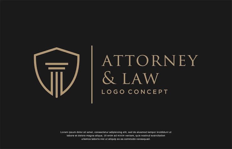 Vetor conceito de design de logotipo de escritório de advocacia. pilar com vetor de modelo de design de escudo