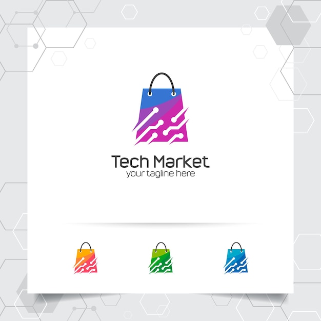 Conceito de design de logotipo de sacola de compras de ícone de loja on-line e vetor de tecnologia usado para comércio eletrônico comercial e supermercado