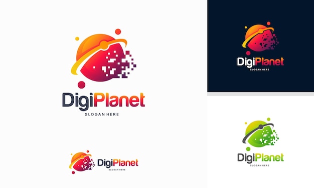 Conceito de design de logotipo digital planet, logotipo pixel planet, modelo de logotipo pixel ball