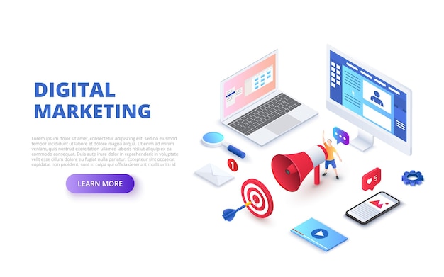 Conceito de design de marketing digital isométrico com alto-falante de computador e smartphone
