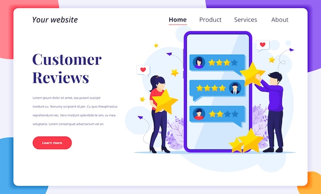 Conceito de design de página de destino de avaliações de clientes, pessoas dando avaliações e comentários com estrelas