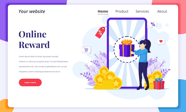 Conceito de design de página de destino de recompensa online, uma mulher recebe uma caixa de presente do programa de fidelidade online e bônus