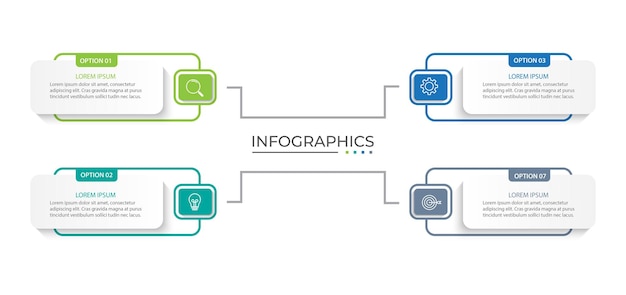 Conceito de design de rótulo infográfico vetorial com layout quadrado e ícones de marketing com 4 etapas