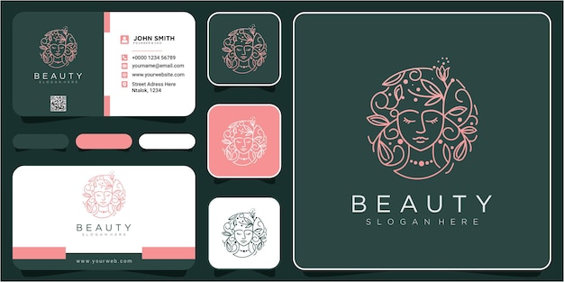 Conceito de design do logotipo da flor do cabelo da beleza do rosto da web. flor cabelo logo design inspiração logo design com cartão de visita