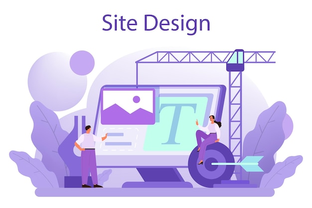 Conceito de design do site apresentando conteúdo em páginas da web composição do layout do site e desenvolvimento de cores ideia de tecnologia de computador ilustração em vetor plana