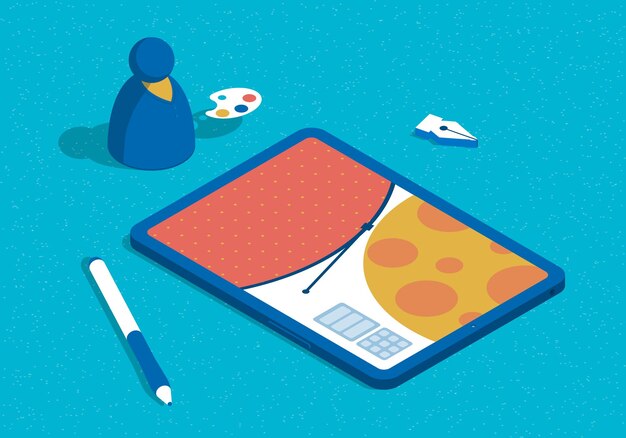 Conceito de design gráfico de ilustração isométrica com tablet e designer abstrato