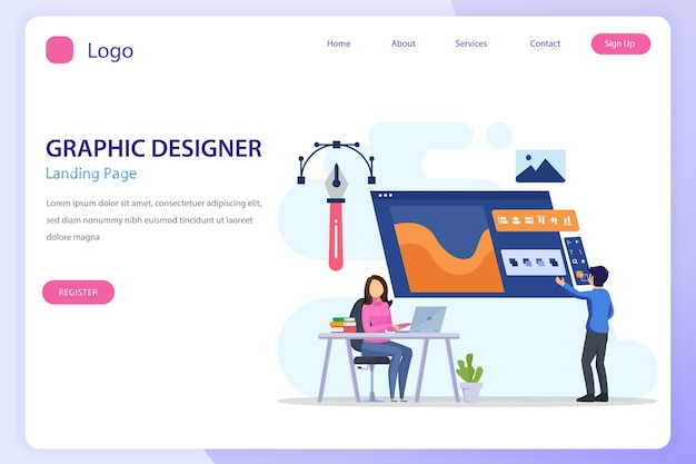 Vetor conceito de design gráfico equipe de designers digitais desenhando com caneta no monitor do computador estilo de modelo de vetor plano adequado para páginas de destino da web