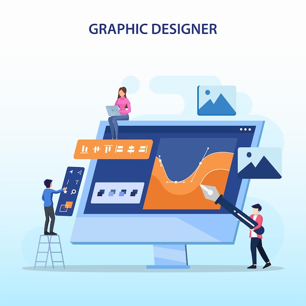 Vetor conceito de design gráfico equipe de designers digitais desenhando com caneta no monitor do computador