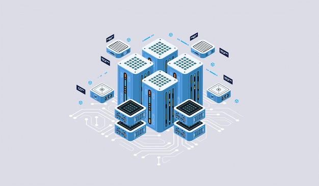 Conceito de design isométrico realidade virtual e realidade aumentada. desenvolvimento e programação de software. computação do grande data center, tecnologia isométrica de computador quântico