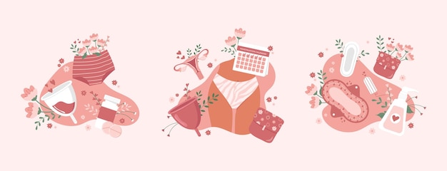 Conceito de design menstrual plano com itens de higiene feminina e almofadas calcinhas tampões garota de calendário