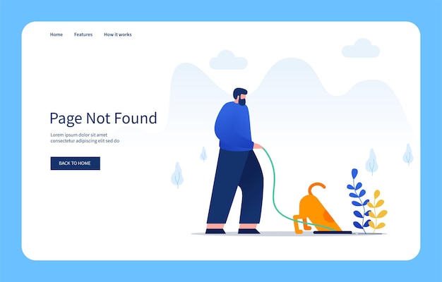 Conceito de design moderno e plano homem e seu cachorro procurando algo no buraco página não encontrada em sites e sites móveis estados vazios