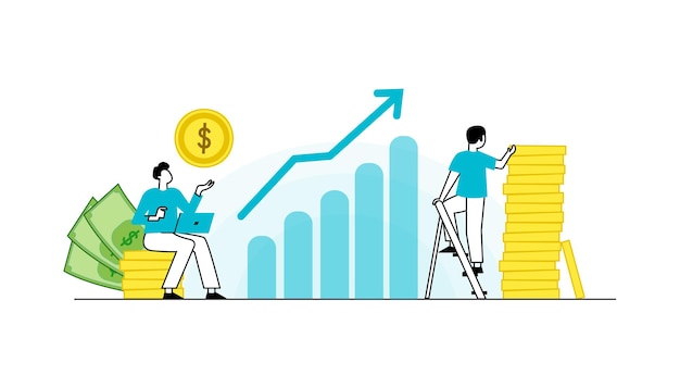 Conceito de design plano, bolsa de valores e trader Negócios no mercado financeiro com análise de gráfico de gráfico