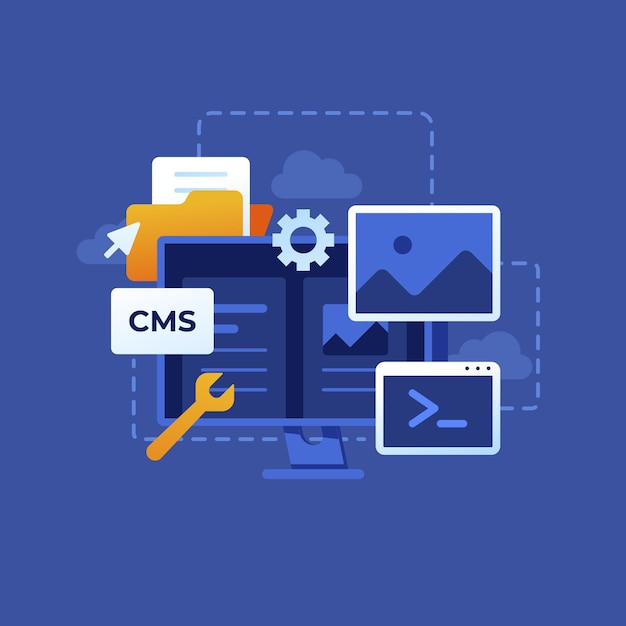 Conceito de design plano cms com computador