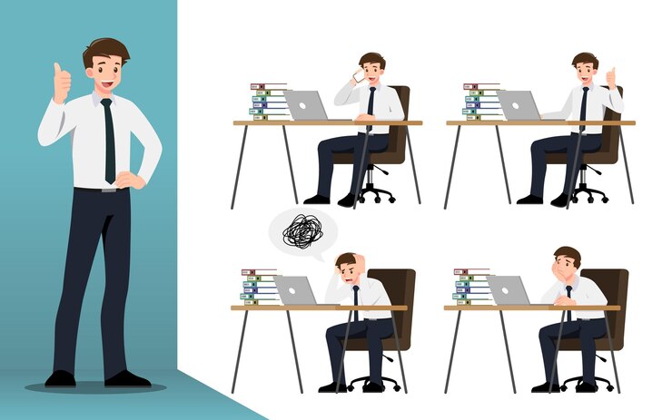 Conceito de design plano de empresário com diferentes poses, trabalhando e apresentando gestos de processo, ações e poses. conjunto de design de personagens de desenhos animados.