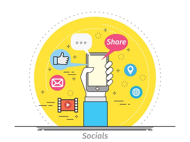 Conceito de design plano de linha fina para Mobile social App