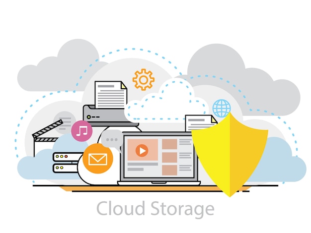 Conceito de design plano de linha fina para sistema de armazenamento em nuvem