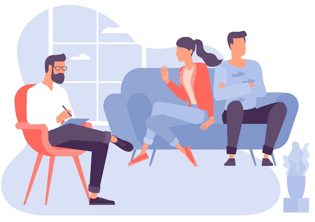 Conceito de design plano para sessão de psicoterapia. Paciente com psicólogo, consultório psicoterapeuta. Sessão de psiquiatra em clínica de saúde mental.