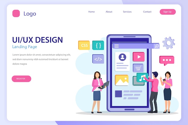 Conceito de design UI UX Modelo de vetor plano de página de destino UI UX