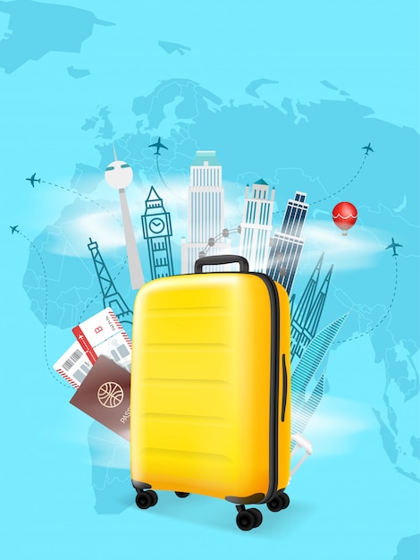 Conceito de destinos de viagens com bolsa amarela