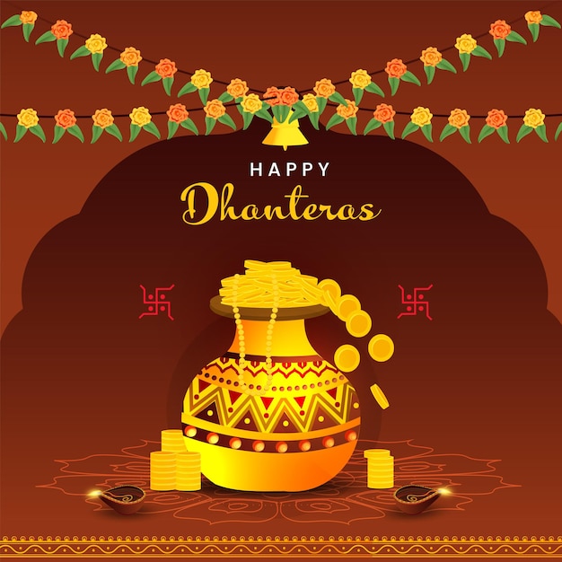 Conceito de dhanteras feliz com pote de ouro, lâmpadas de óleo aceso (diya), sino e guirlanda floral (toran) em fundo marrom.