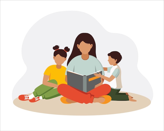 Vetor conceito de dia das mães. mulher, mãe lê um livro para crianças.