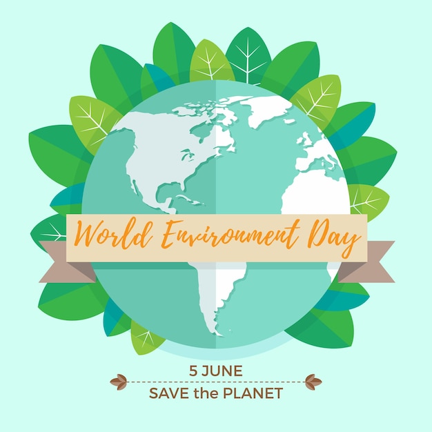 Conceito de dia mundial do meio ambiente com globo verde deixa flores e uma inscrição salve o planeta