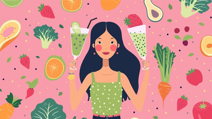 Vetor conceito de dieta vegana e saudável mulher com smoothie verde