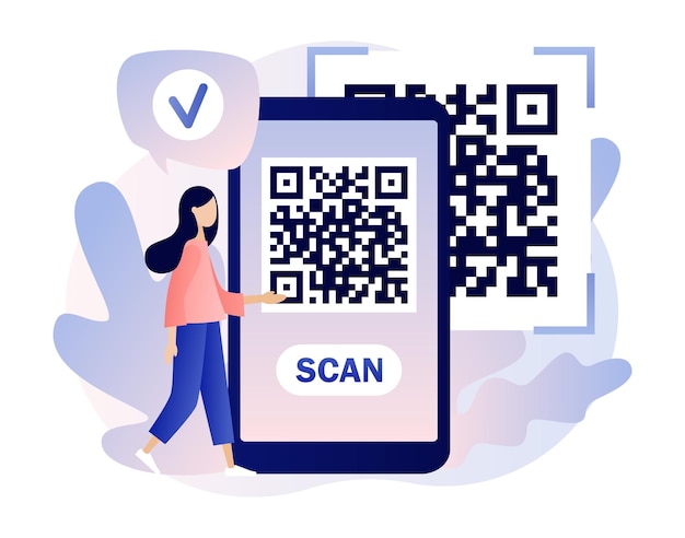 Conceito de digitalização de qr code código de digitalização de menina minúscula usando smartphone vetor de estilo moderno de desenho animado plano