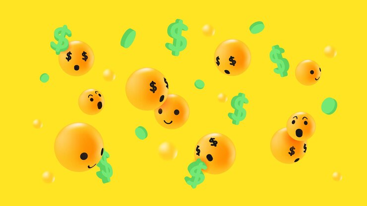 Vetor conceito de dinheiro de reações de emoticon abstrato. dólares e emoji na ilustração de fundo amarelo. ilustração vetorial