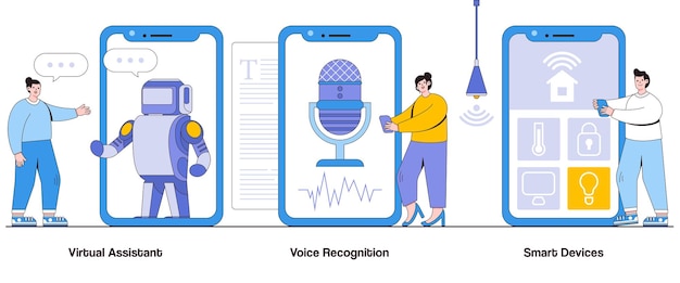 Vetor conceito de dispositivos inteligentes de reconhecimento de voz de assistente virtual com companheiros digitais de caracteres conjunto de ilustração vetorial abstrata conveniência eficiência metáfora de controle ativado por voz