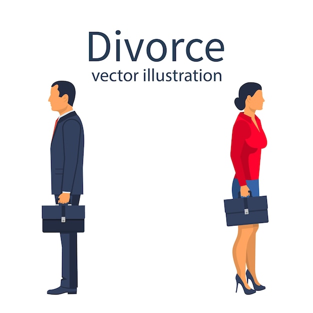 Vetor conceito de divórcio. conceito de separação. um homem e uma mulher vão em direções diferentes. divórcio relacionamento de crise. amor infeliz, conflito. design plano de ilustração vetorial.