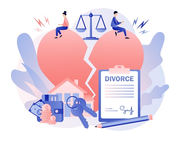 Conceito de divórcio grande coração partido a justiça escala o rompimento do relacionamento de pessoas minúsculas
