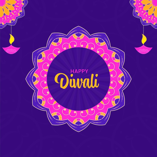 Conceito de diwali feliz com lâmpadas de óleo aceso (diya) pendurar e padrão floral no fundo roxo.