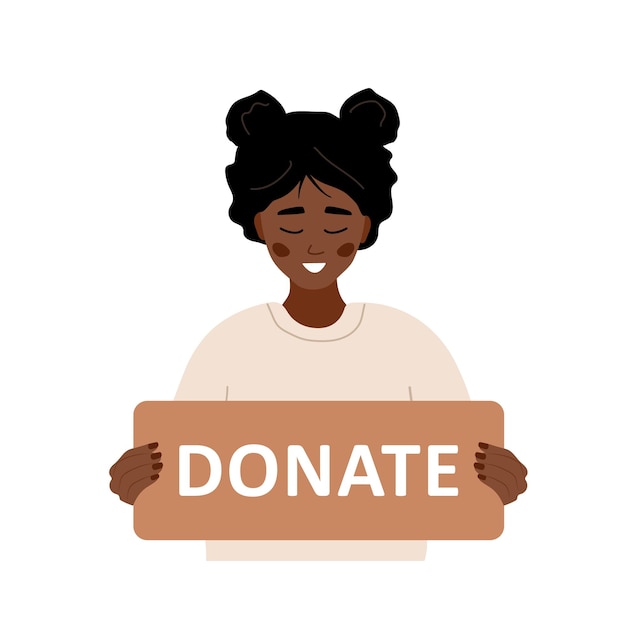 Conceito de doação e caridade Mulher voluntária africana segurando nas mãos sinal de papelão Doe Apoio para sem-teto e pessoas pobres Ajuda humanitária Ilustração vetorial no estilo cartoon
