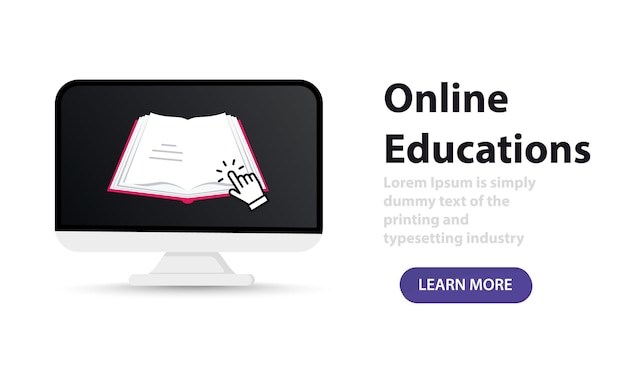 Conceito de e-learning online em casa. educação a distância online. abra o livro na tela do dispositivo. cursos ou tutoriais via web seminário via web para aulas a distância. modelo de página de destino de aprendizagem online