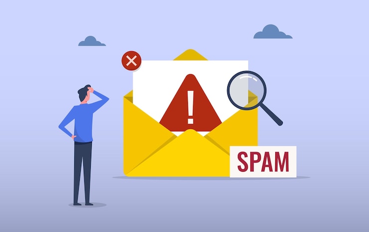Vetor conceito de e-mail de spam suspeito e malicioso com notificação de alerta