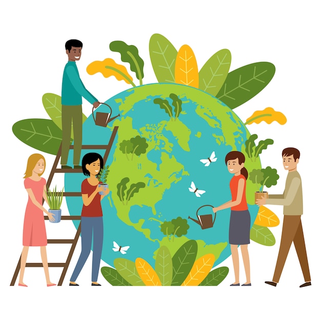 Conceito de ecologia. As pessoas se preocupam com o planeta. Proteger a natureza. Dia da Terra. Globo com plantas e pessoas voluntárias