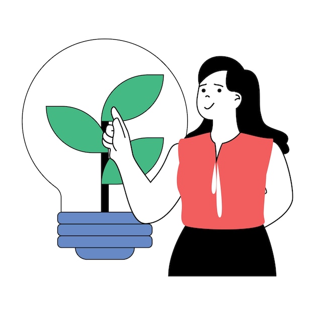 Vetor conceito de ecologia com pessoas de desenho animado em design plano para web mulher usando tecnologia ecológica limpa para obter ilustração vetorial de energia elétrica para material de marketing de banner de mídia social